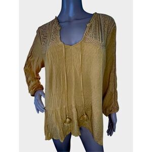 American Eagle Mustard Yellow Crochet Long Sleeve Blouse With Tassels